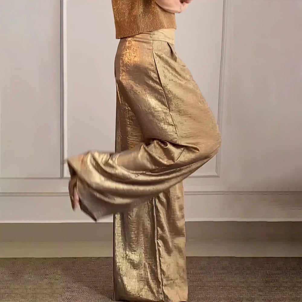 WOLFF | Metallic Hochbund Slimming Weite Beinform Hose