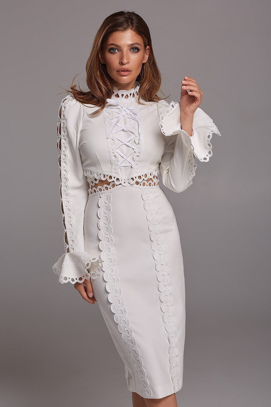WOLFF | Spitzenbesatz Kurzarm Midi Kleid