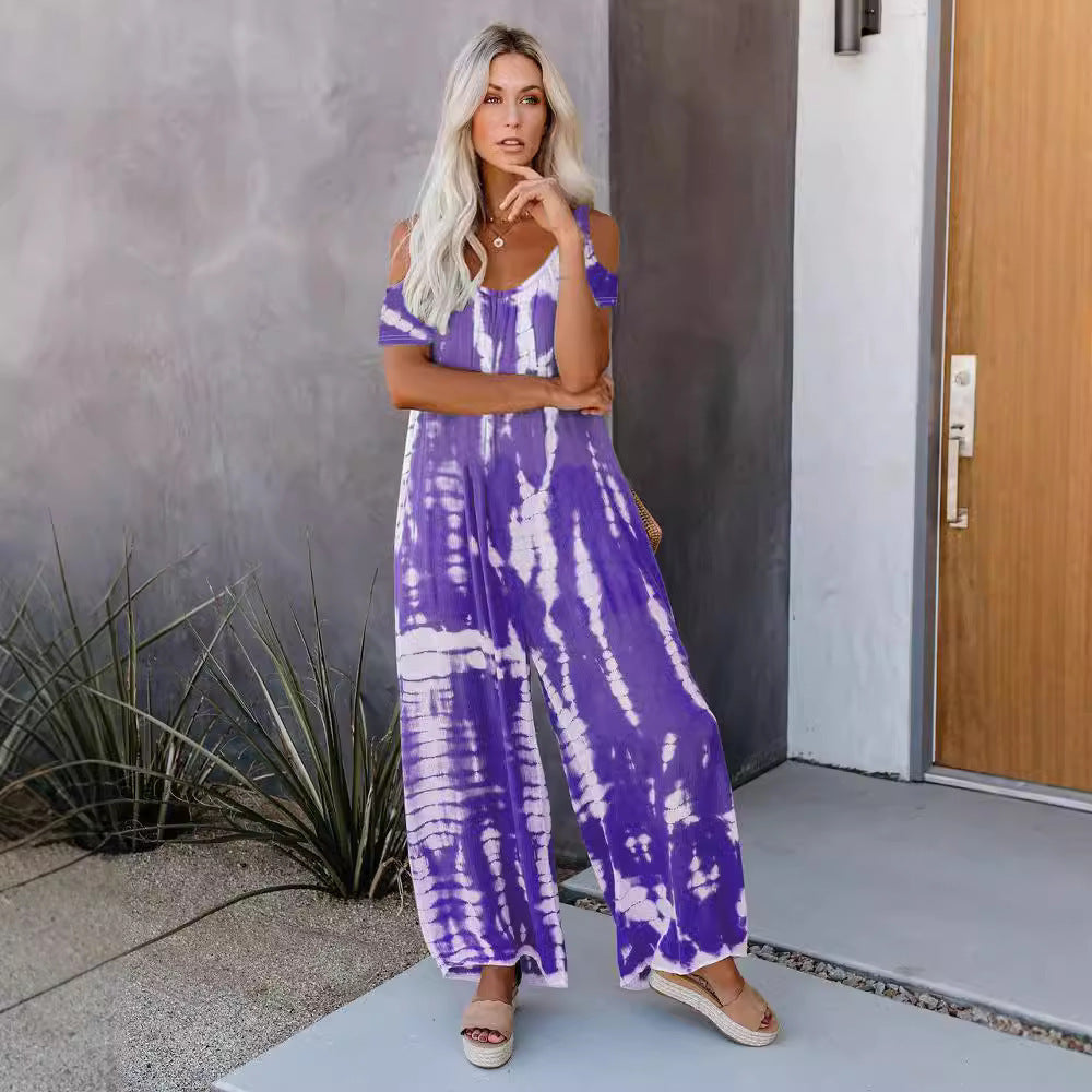 WOLFF | Bedruckter lässiger Jumpsuit mit kurzen Ärmeln und Taschen