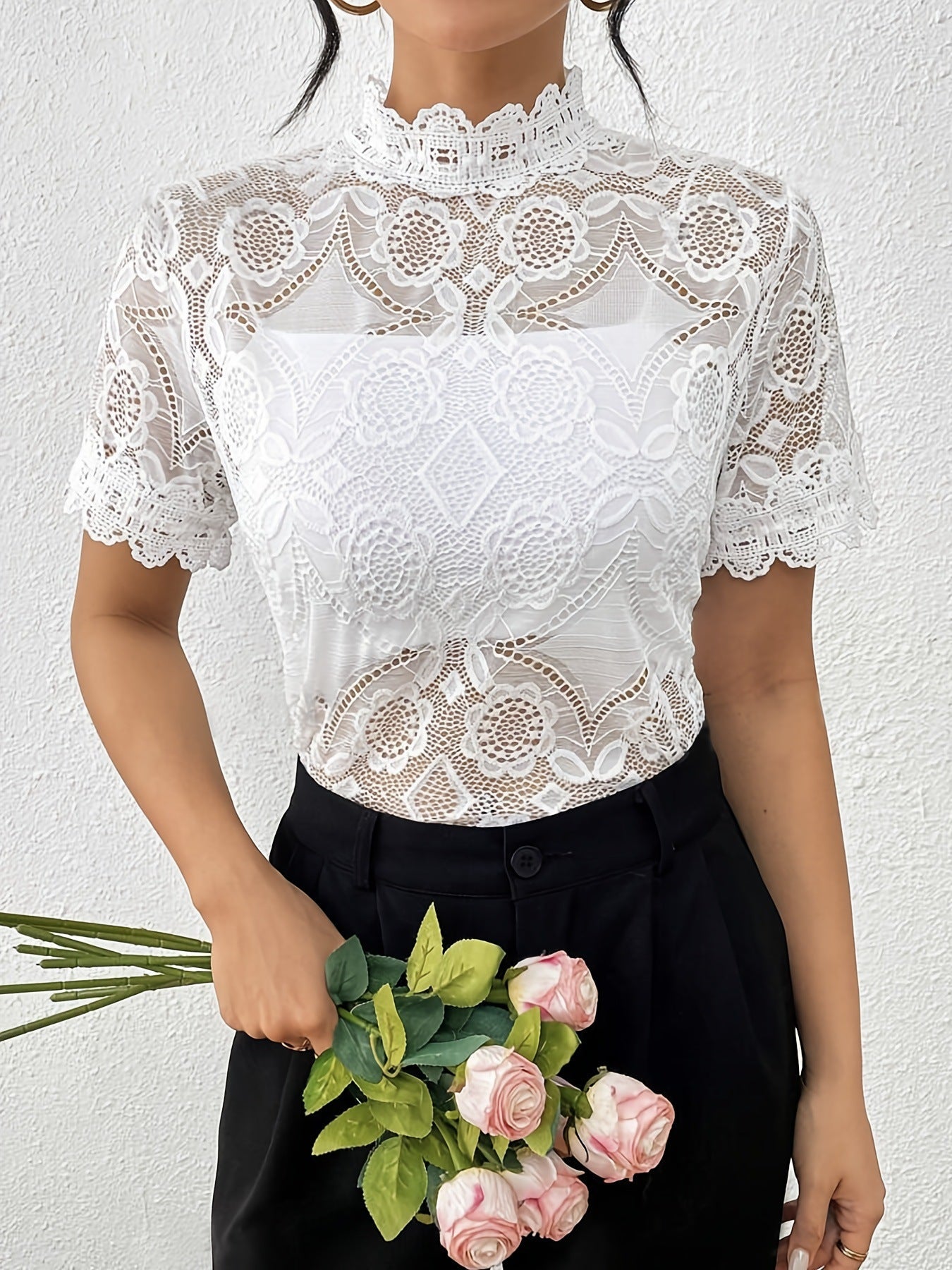 WOLFF | Spitzen-Patchwork Kurzarm-Tee