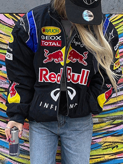 Weinlese Moto Jacke Mit Kontrastfarbdruck