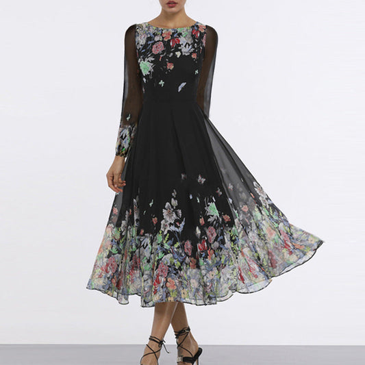 WOLFF | Hollow Slim Fit Slimming Langarm Flare Lange Rock Kleid