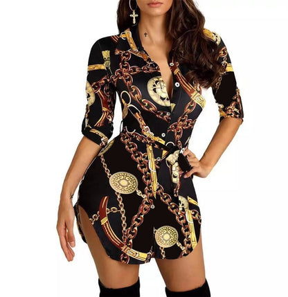 WOLFF | Goldkette Slim Fit Bedrucktes Kurzes Rockkleid