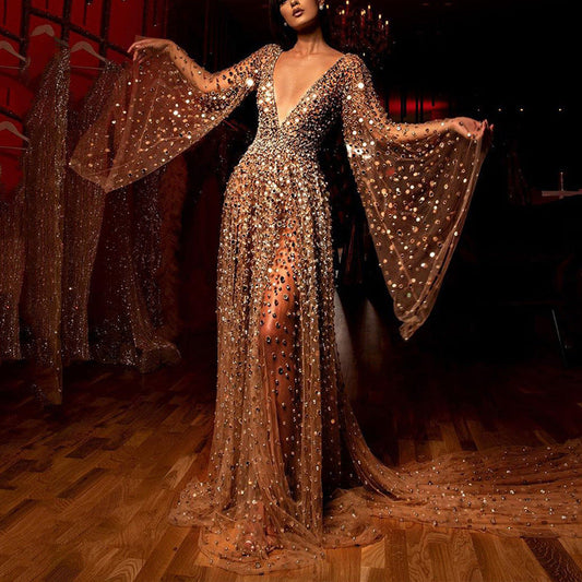 WOLFF | Langarm-Tiefes V-Transparente Glitzerkleid