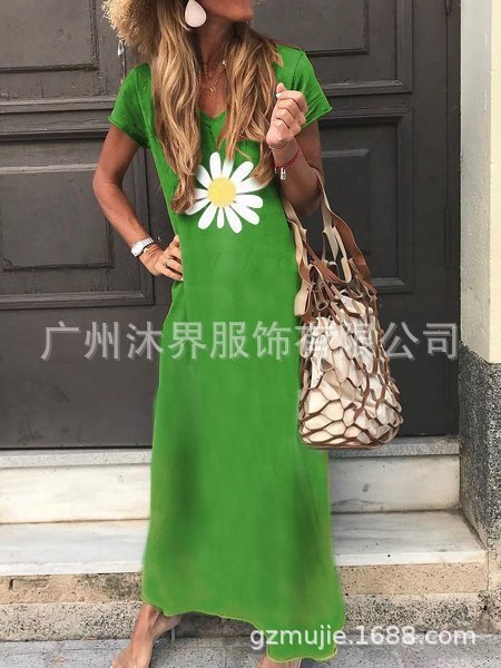 1Summer Chrysanthemum Print V-Neck Long Dress