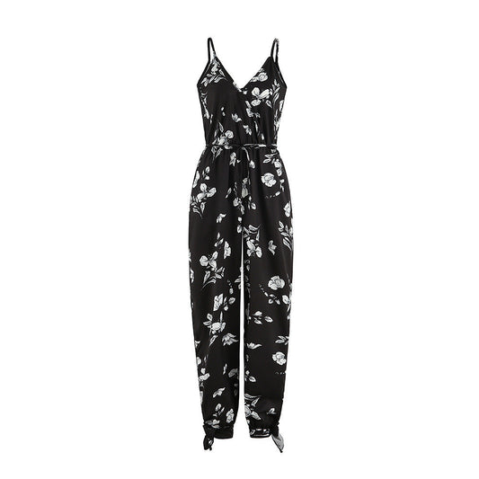 WOLFF | Rückenfreier Tie Deep V-Ausschnitt Träger Langer Jumpsuit