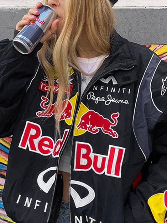 Weinlese Moto Jacke Mit Kontrastfarbdruck