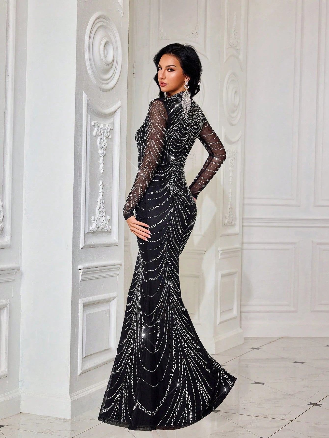 Atemberaubendes, modisches Abendkleid mit luxuriösen Strass-Verzierungen – Elegantes, langes Meerjungfrauenkleid mit langen Ärmeln für Cocktailpartys, Galas & Red-Carpet-Events