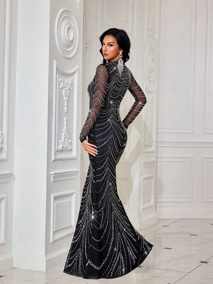 Atemberaubendes, modisches Abendkleid mit luxuriösen Strass-Verzierungen – Elegantes, langes Meerjungfrauenkleid mit langen Ärmeln für Cocktailpartys, Galas & Red-Carpet-Events