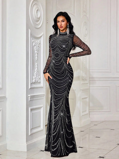 Atemberaubendes, modisches Abendkleid mit luxuriösen Strass-Verzierungen – Elegantes, langes Meerjungfrauenkleid mit langen Ärmeln für Cocktailpartys, Galas & Red-Carpet-Events