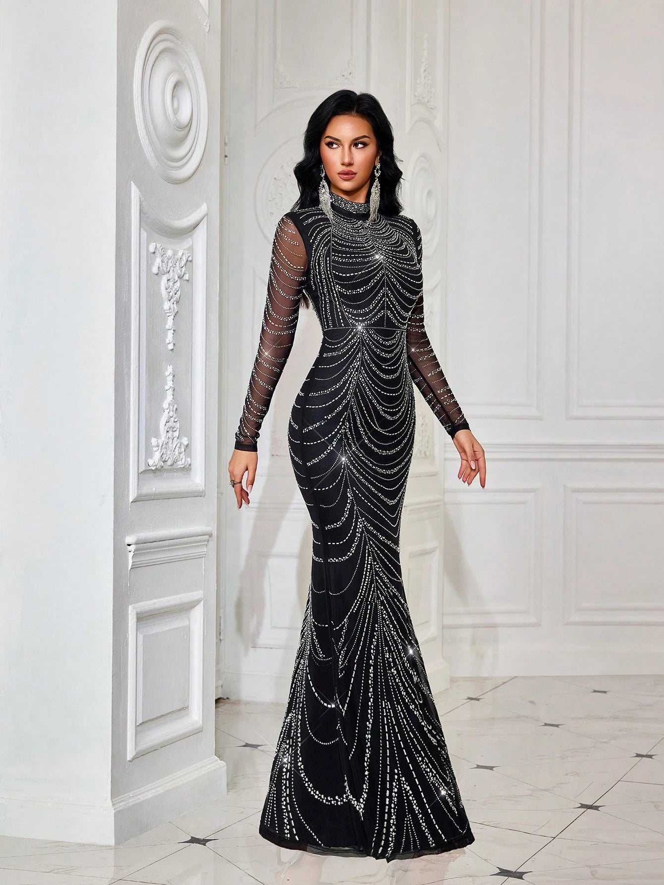 Atemberaubendes, modisches Abendkleid mit luxuriösen Strass-Verzierungen – Elegantes, langes Meerjungfrauenkleid mit langen Ärmeln für Cocktailpartys, Galas & Red-Carpet-Events