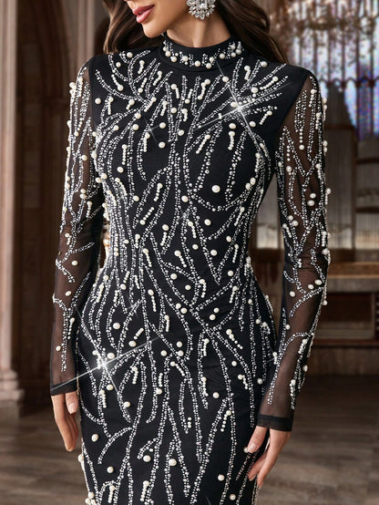 Funkelndes Abendkleid mit langen Ärmeln und Kristallstickerei – Figurbetontes Maxikleid in Apricot für Dinnerpartys, Bankette & Cocktailabende