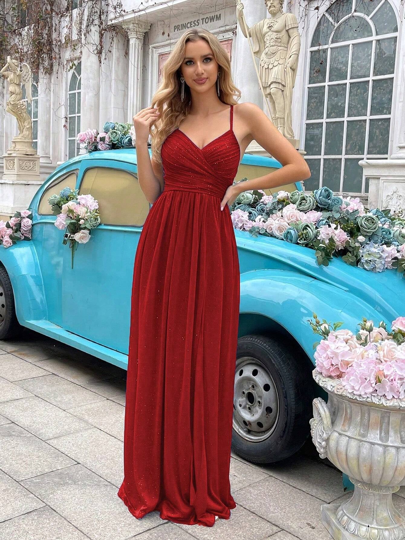 Glitzerndes Brautjungfernkleid für Damen – Elegantes langes Abendkleid mit Falten, Schlitz & ärmellosem Design, ideal für Hochzeiten, formelle Anlässe & Verlobungspartys