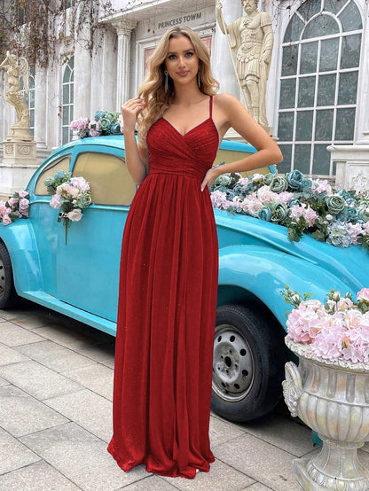 Glitzerndes Brautjungfernkleid für Damen – Elegantes langes Abendkleid mit Falten, Schlitz & ärmellosem Design, ideal für Hochzeiten, formelle Anlässe & Verlobungspartys