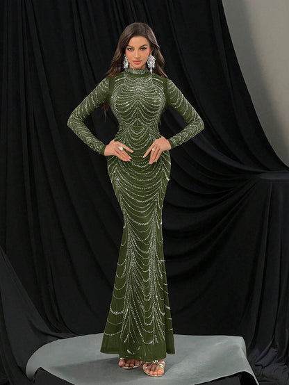Atemberaubendes, modisches Abendkleid mit luxuriösen Strass-Verzierungen – Elegantes, langes Meerjungfrauenkleid mit langen Ärmeln für Cocktailpartys, Galas & Red-Carpet-Events