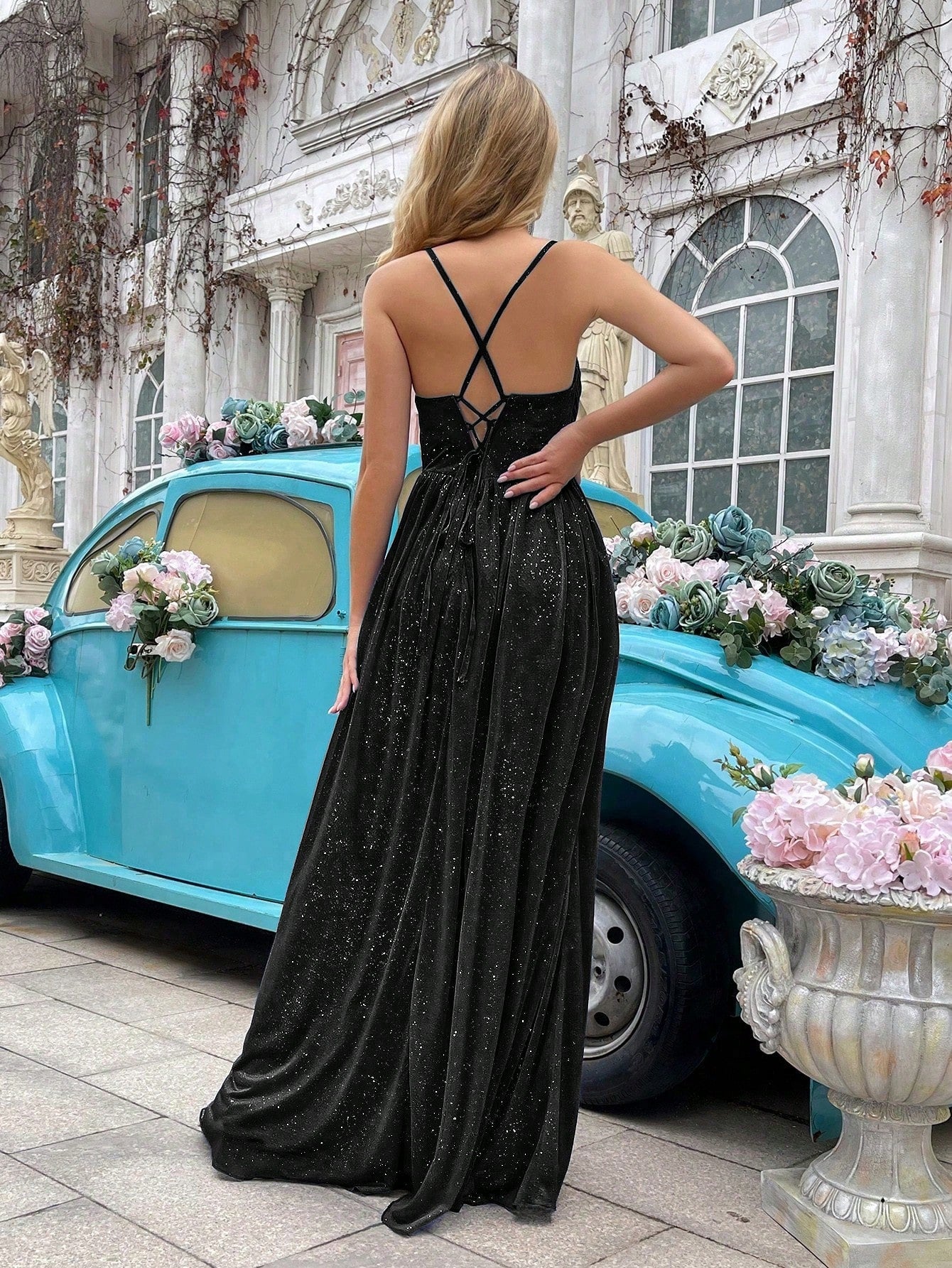 Glitzerndes Brautjungfernkleid für Damen – Elegantes langes Abendkleid mit Falten, Schlitz & ärmellosem Design, ideal für Hochzeiten, formelle Anlässe & Verlobungspartys