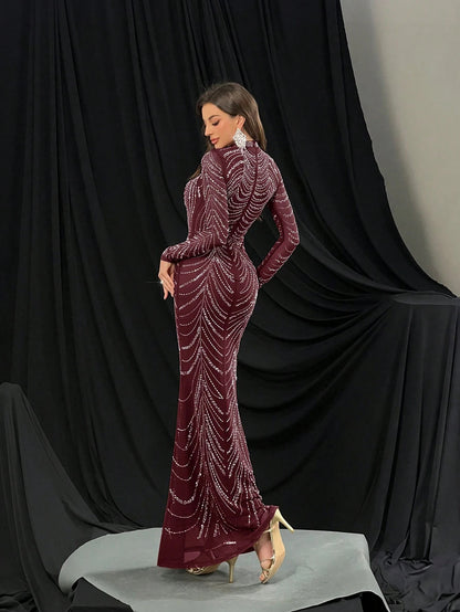 Atemberaubendes, modisches Abendkleid mit luxuriösen Strass-Verzierungen – Elegantes, langes Meerjungfrauenkleid mit langen Ärmeln für Cocktailpartys, Galas & Red-Carpet-Events