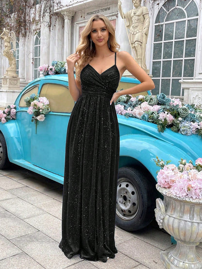 Glitzerndes Brautjungfernkleid für Damen – Elegantes langes Abendkleid mit Falten, Schlitz & ärmellosem Design, ideal für Hochzeiten, formelle Anlässe & Verlobungspartys