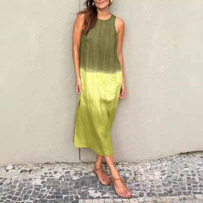 WOLFF | Baumwolle Leinen Ärmelloses Schlitz Gradient Kleid
