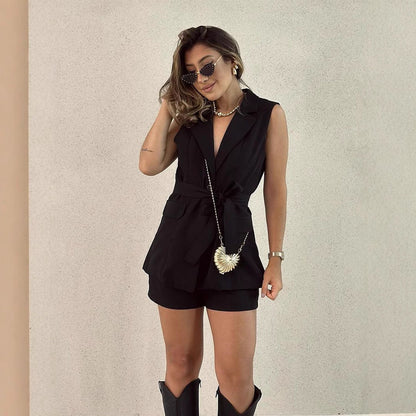 1Sleeveless Tied Blazer Two-Piece Set