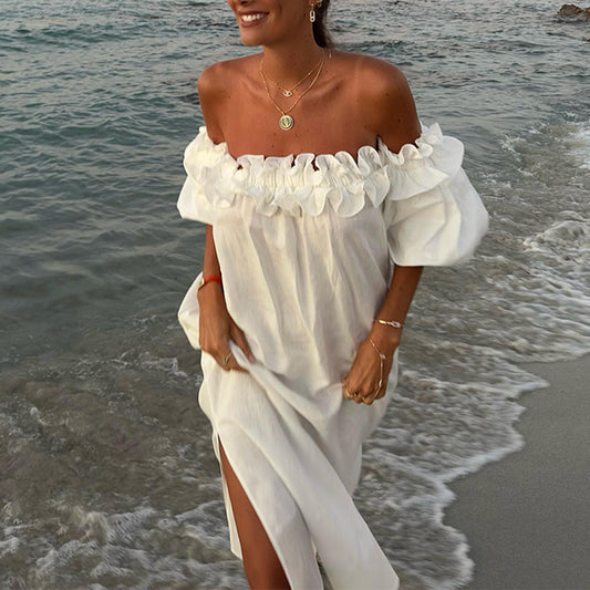 WOLFF | Puff-Ärmel Spitze Strandkleid mit Off-Shoulder-Design