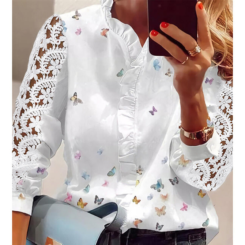 WOLFF | Floral Rüschkragen Langarmshirt
