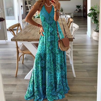 WOLFF | Hoch tailliertes V-Ausschnitt gedrucktes florales langes Kleid