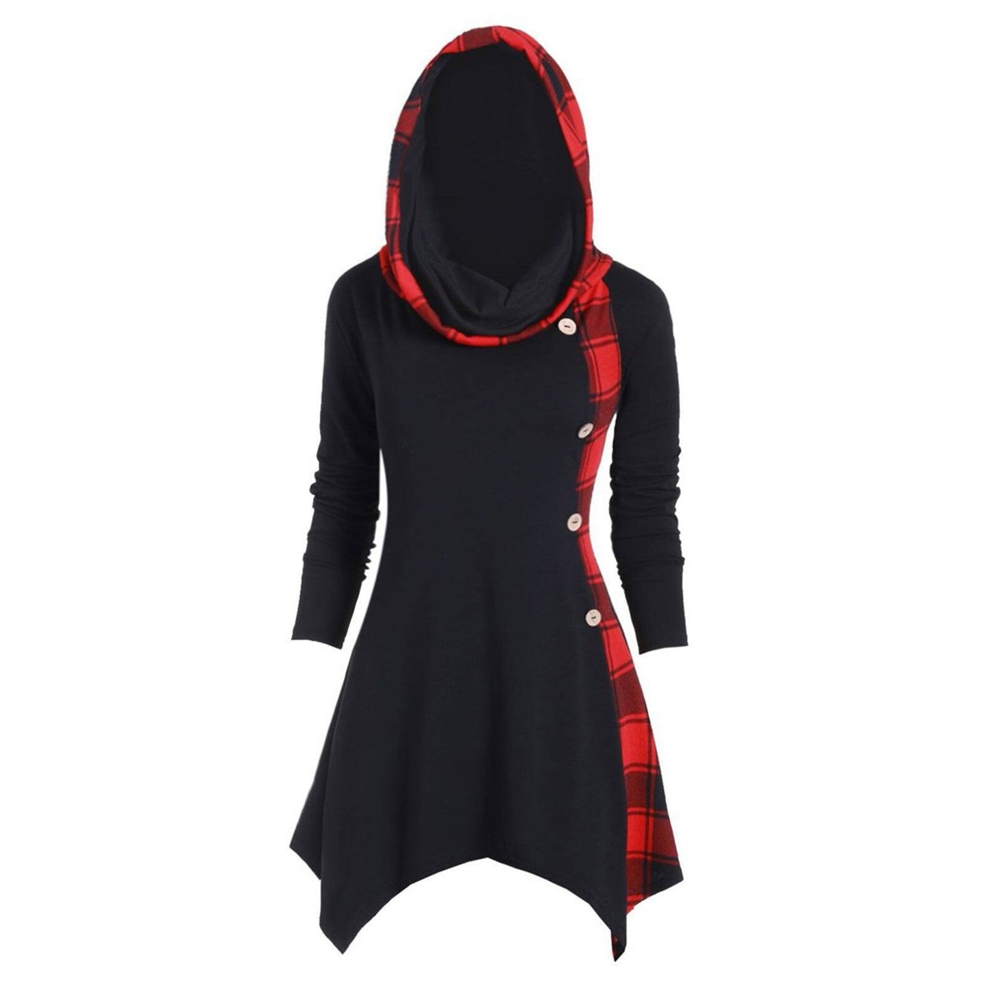 WOLFF | Farbe Block Karierter Kapuzen-Diamantsaum Midi Kleid