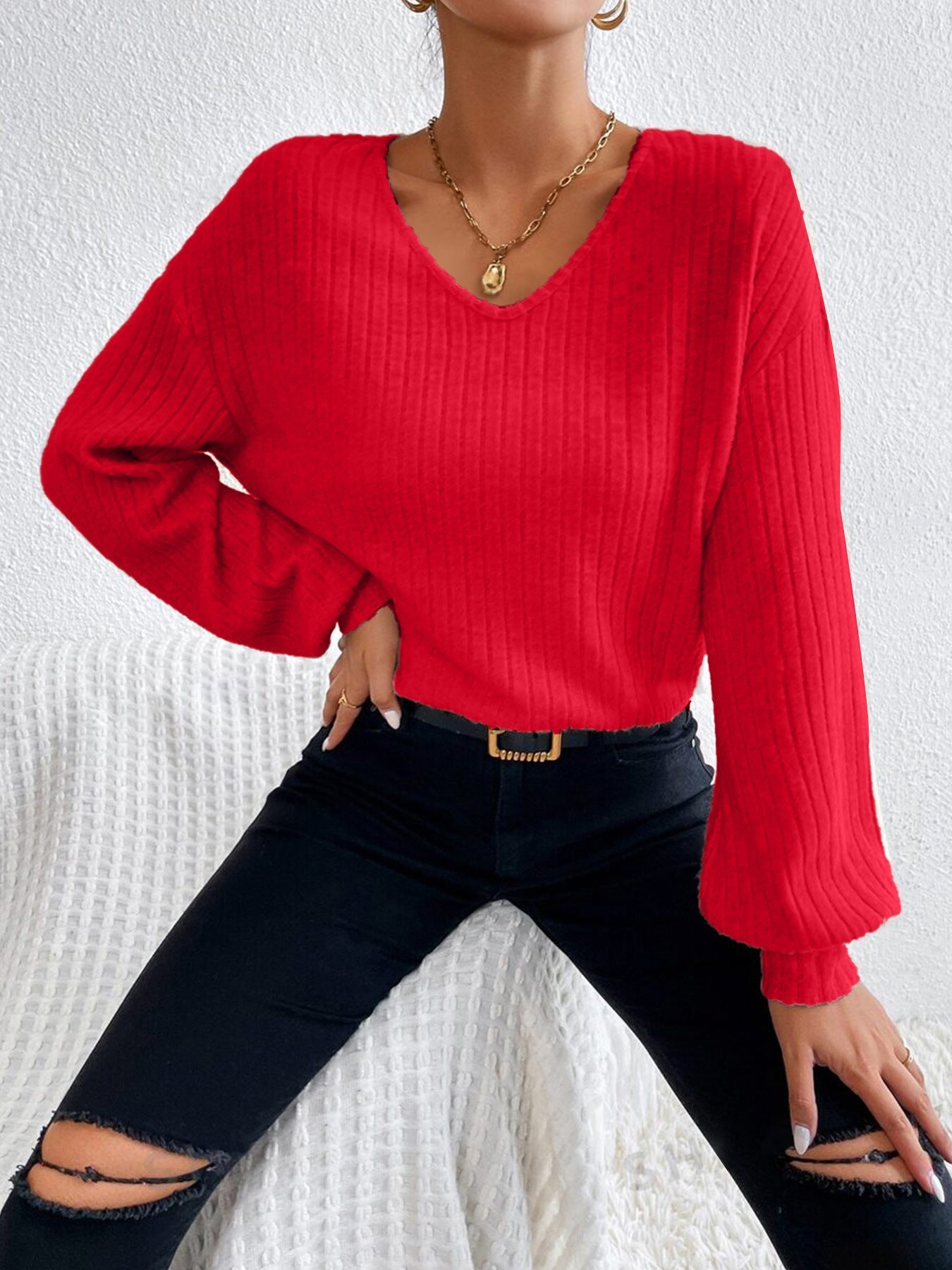 WOLFF | Drop Shoulder Laternenärmel V-Ausschnitt T-Shirt