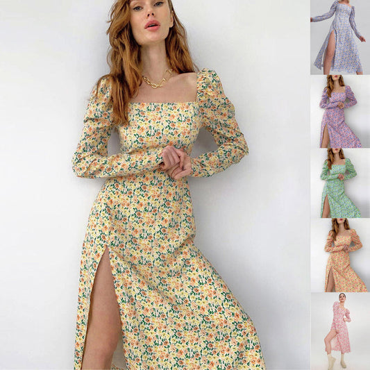 WOLFF | Daisy Print Langarm Spaltet Bohemian Kleid
