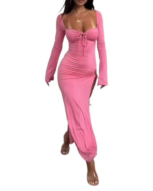 WOLFF | Langarm Split Tie Einfarbiges Kleid