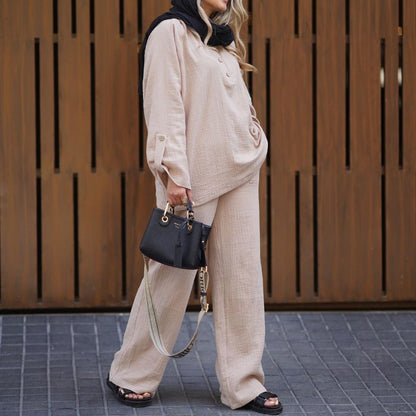 WOLFF | Plus Size Faltenstoff Hemd und Weitbeinige Hose Set