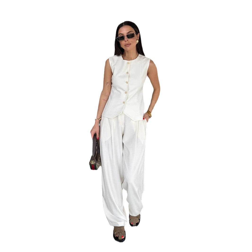 1Buttoned Vest Suit Long Pants Two-Piece Set