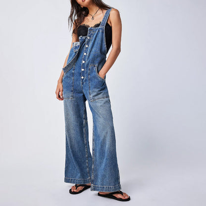 WOLFF | Taschenverstellbarer Trägerweiter Beinen Denim Overall