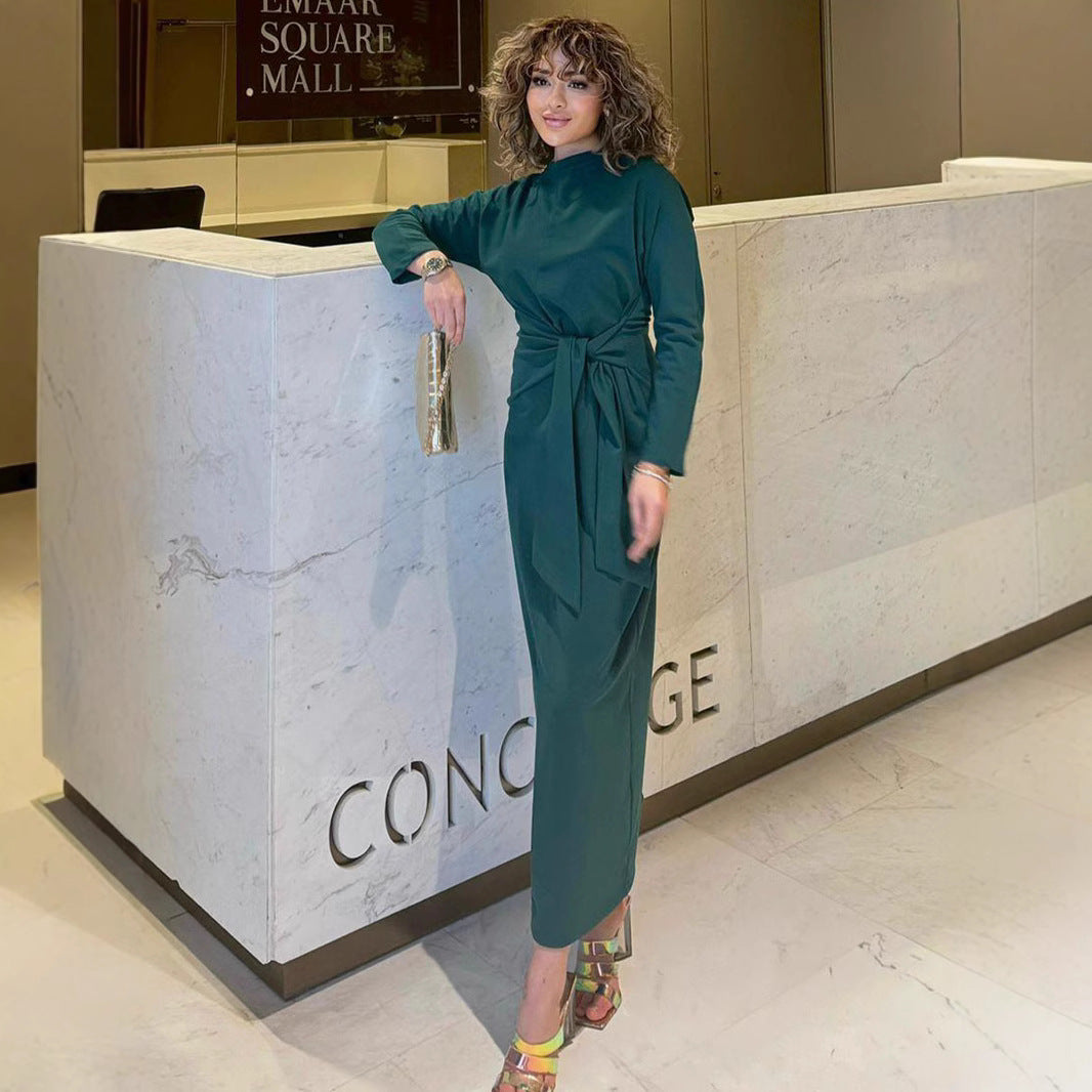 1Lace-Up Fitted Classy Long Sleeve Midi Dress