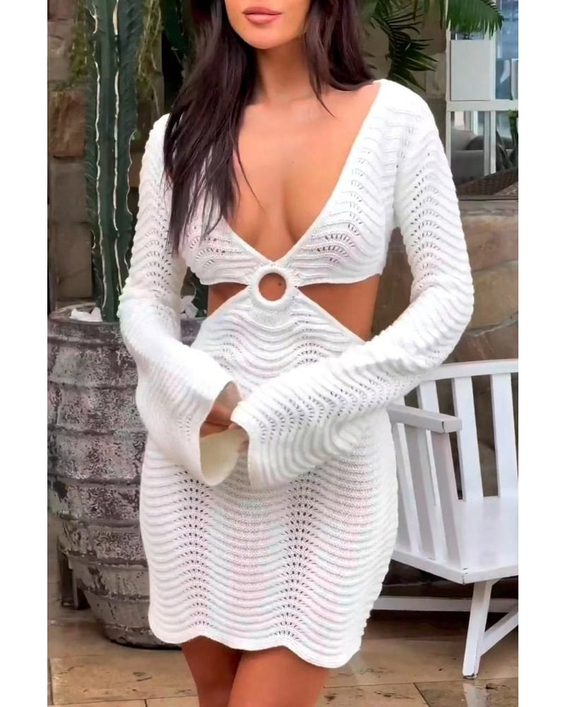 WOLFF | Rückenfreies Laternenärmeln Deep V Strick Cover-Up Strandkleid