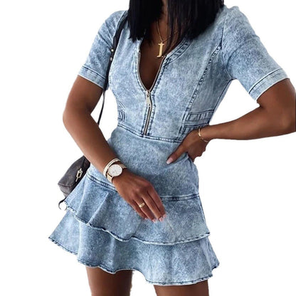 WOLFF | Kurzarm Ultra Kurzes Denim Kleid