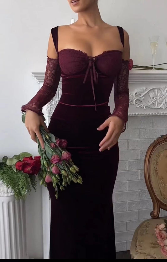 WOLFF | Spitzen-Träger Off-Shoulder Bodycon Langes Kleid