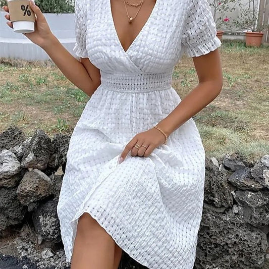 WOLFF | Tiefes V-Ausschnitt Waffel Bohemian Kleid