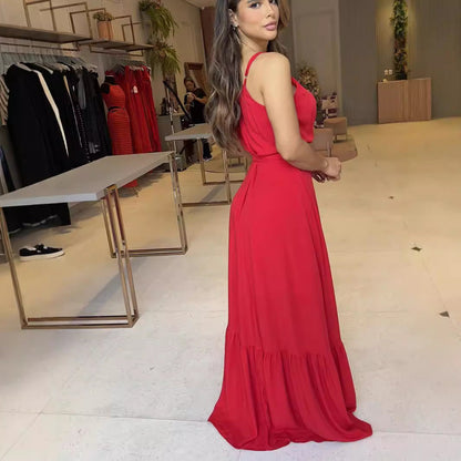 1Lace-Up Spliced Ruffle Hem Slit Long Dress