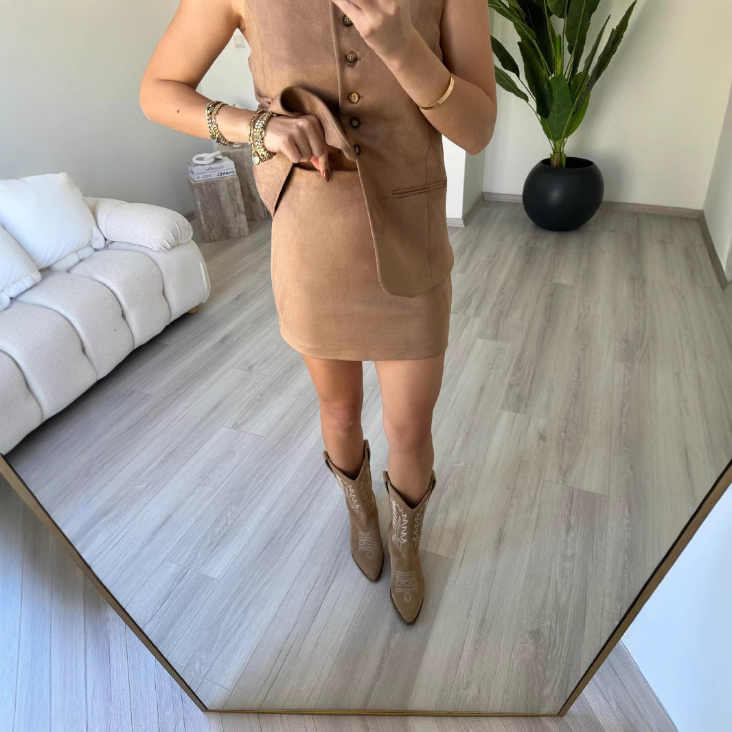 1Single-Breasted Fitted Vest Bodycon Skirt Two-Piece Set