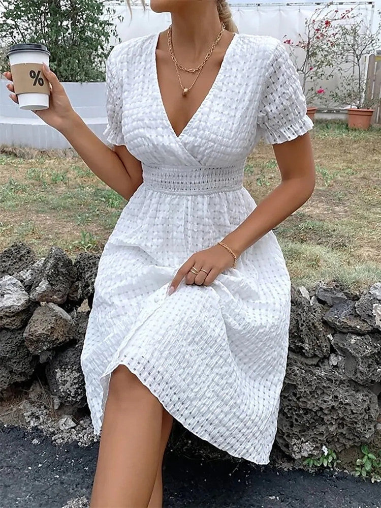 WOLFF | Tiefes V-Ausschnitt Waffel Bohemian Kleid