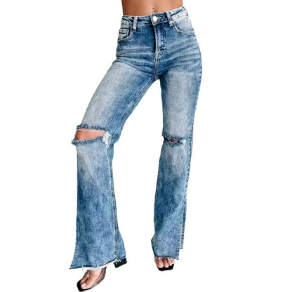 WOLFF | Hoch taillierte gewaschene zerrissene gerade Jeans