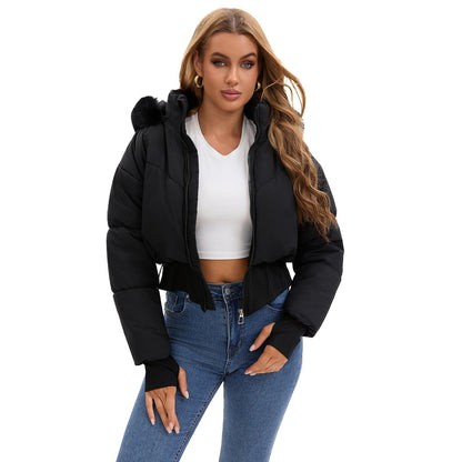 Damen cropped Daunenjacke mit abnehmbarer Kapuze und Kunstfellbesatz -Mode