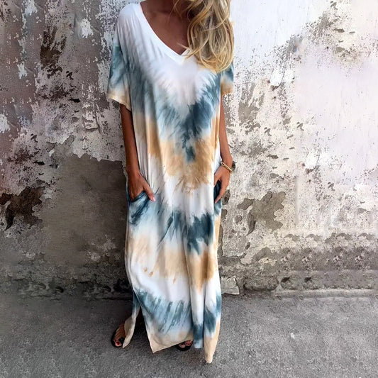 WOLFF | Tie-Dye Kurzarm V-Ausschnitt Kleid