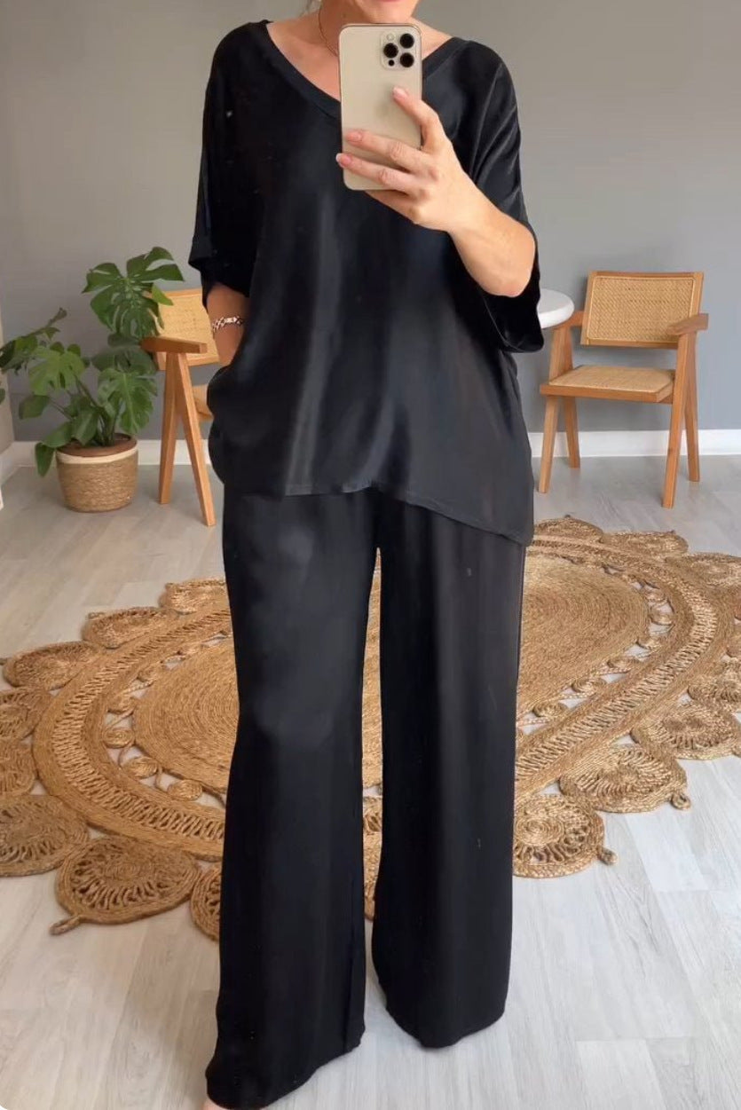 WOLFF | Einfarbiges Seiden-V-Ausschnitt-Casual-Set