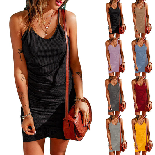 WOLFF | Geripptes Strick V-Ausschnitt Spaghetti-Träger Bodycon Kleid