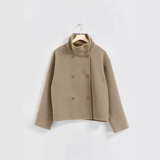 Damen Modische Cropped Jacke mit hohem Kragen und doppelter Knopfleiste Heidi-Mode