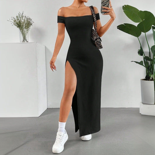 WOLFF | Off-Shoulder Split Mittel-Länge Rock Kleid
