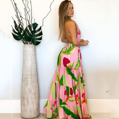 WOLFF | Rückenfreies Bohemian Blumennetz-Spaghetti-Träger Langkleid